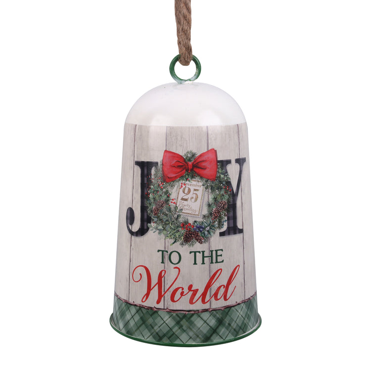 WHITE METAL BELL w/JOY TO THE WORLD DECAL 16x27CM