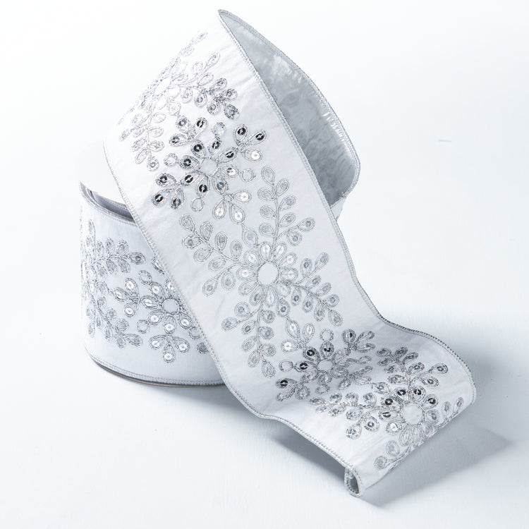 WHITE DUPION RIBBON EMBROIDED  w/SILVER SEQUIN 10CMx5M