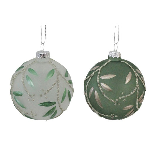 8cm Glass Bauble Frost Wht/Grn W/Leaf-2a