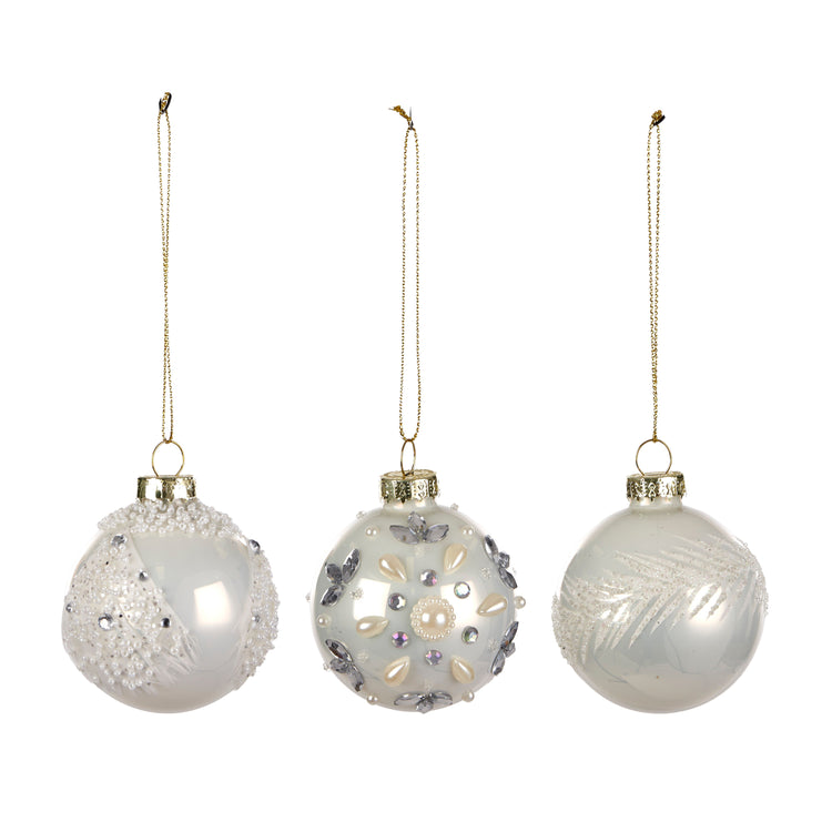 Glass Bauble 6cm Pearl White/White 3 As