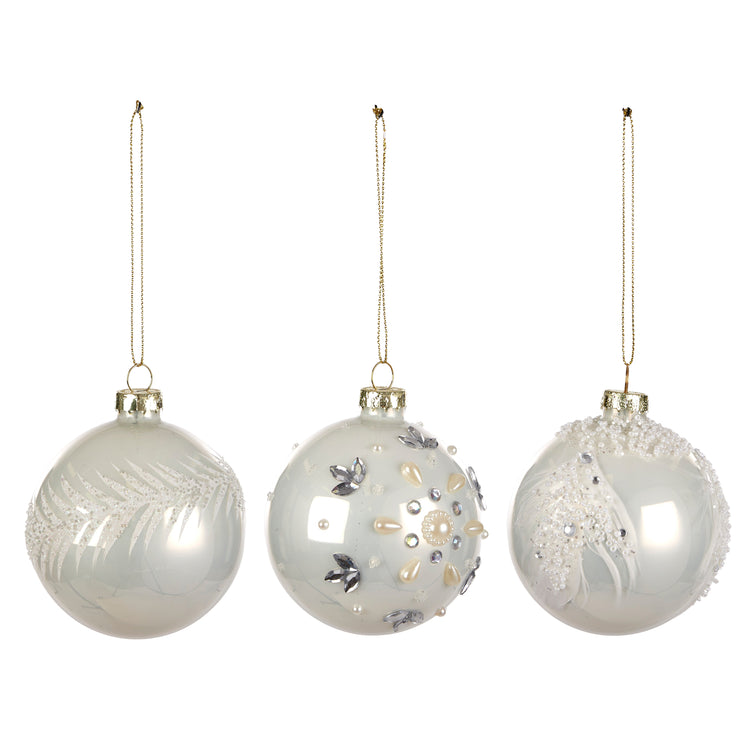 Glass Bauble 8cm Pearl White/White 3 As