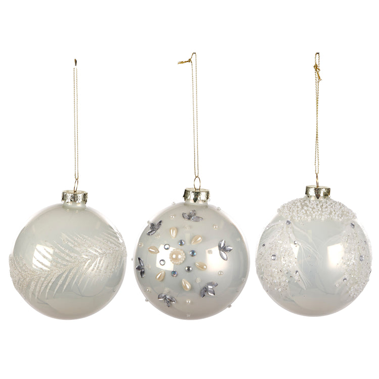 Glass Bauble 10cm Pearl White/White 3 As