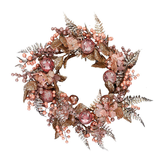 Berry, Ball & Leaf Wreath 50cm-Pink/Gold