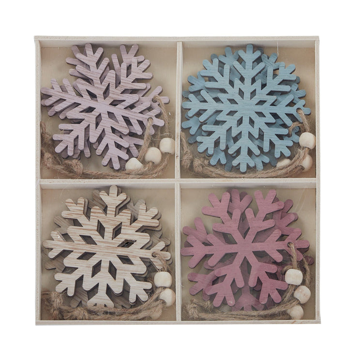 S/12 Snowflake Deco In Box Wood 8cm Pink