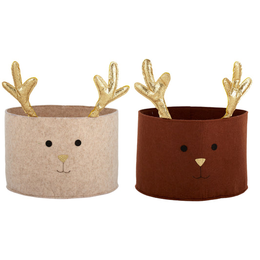 Reindeer Felt Basket 30x20cm Gold/Cream