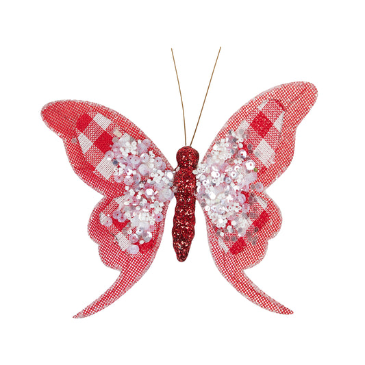 Butterfly w/ Clip Tartan 16x14cm Red/Wht